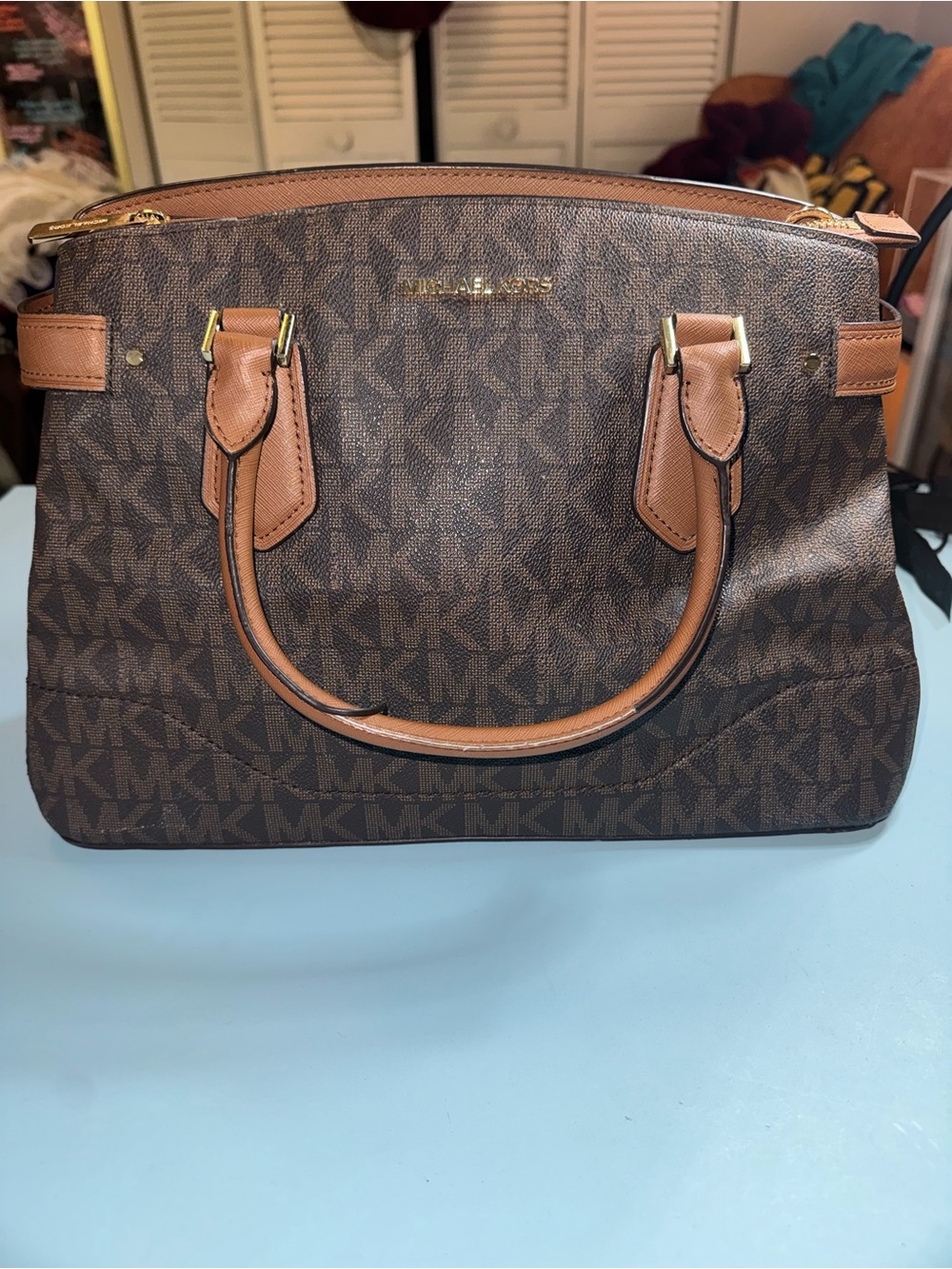 Michael Kors Brown Signature Satchel with Tan Handles and Trim